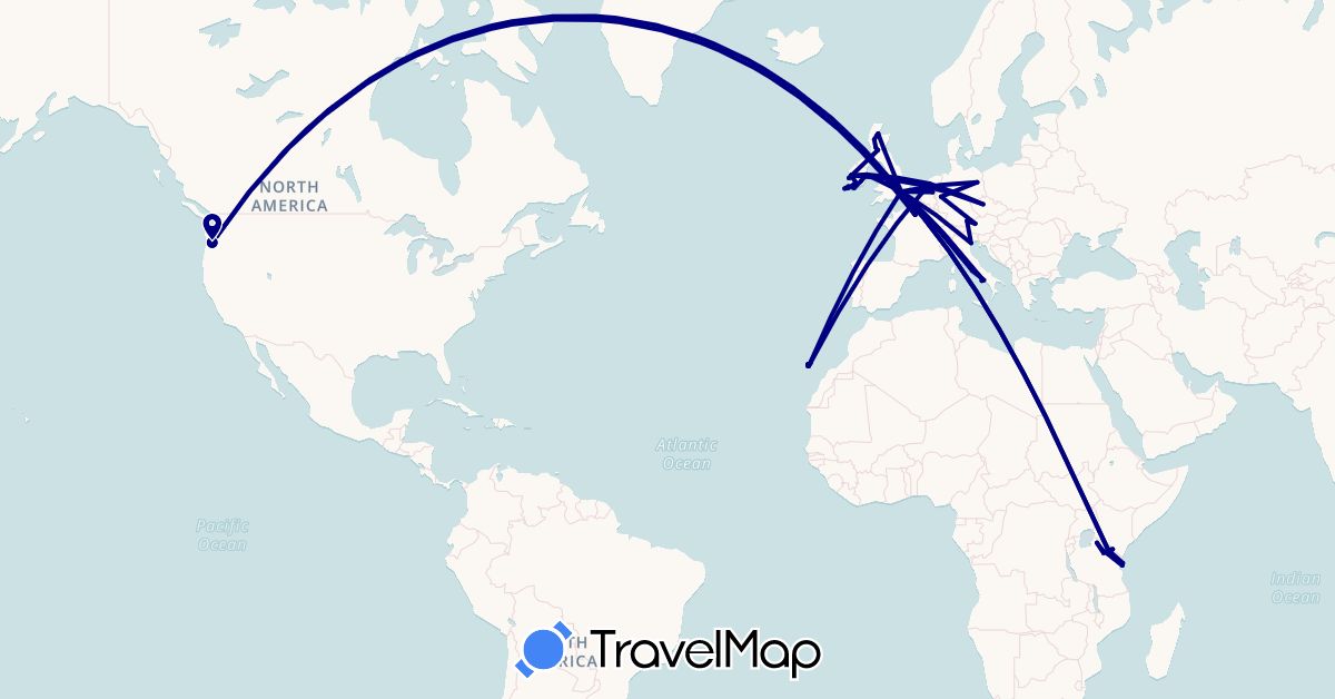 TravelMap itinerary: driving in Austria, Czech Republic, Germany, Spain, France, United Kingdom, Ireland, Italy, Netherlands, Tanzania, United States (Africa, Europe, North America)